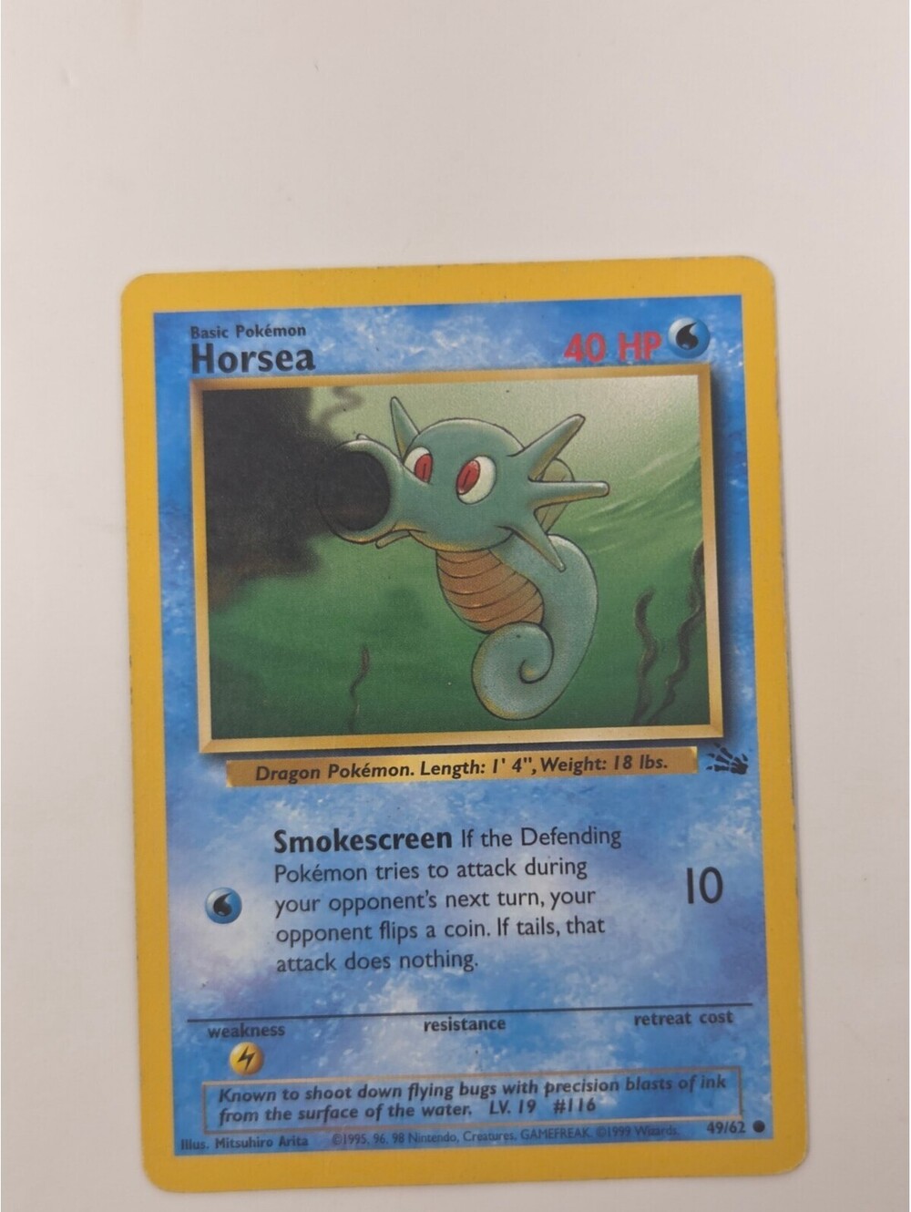 Pokémon Horsea 49/62 1999 Fossil Water Type Basic Card Mitsuhiro Arita